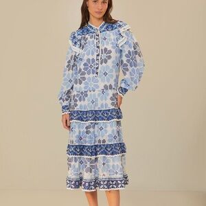FARM Rio Off-White and Blue Floral Midi Dress